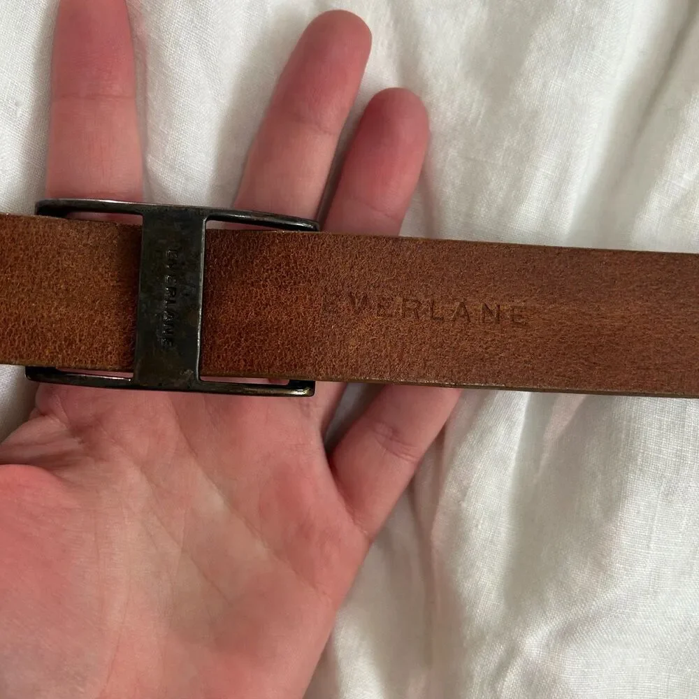 Everlane Cognac Brown Leather Belt Small Silver Buckle Italian Leather
